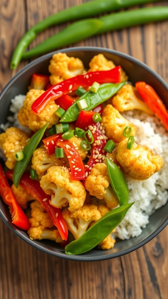 A colorful vegan cauliflower stir-fry with cauliflower, bell peppers, and snap peas over rice, garnished with sesame seeds and green onions.